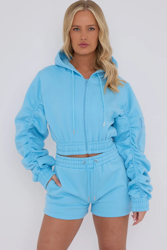CROPPED ROUCHED ZIP HOODIE & SHORT SET