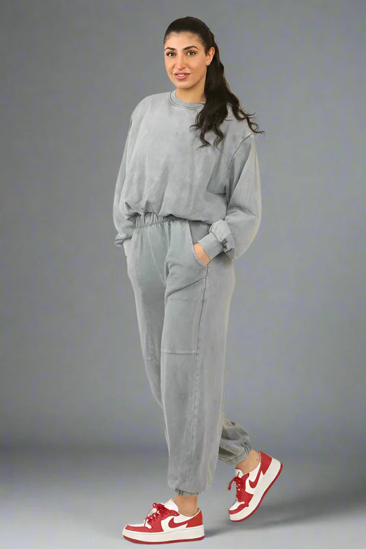 ACID WASH SWEAT WITH BUBBLE HEM SET