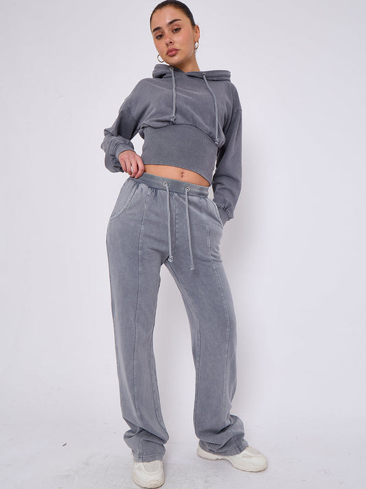 ACID WASH HIGH WAISTED CROPPED HOODIE SET