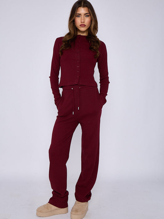 RIBBED BUTTON DETAIL TOP WITH WIDE LEG TROUSER SET