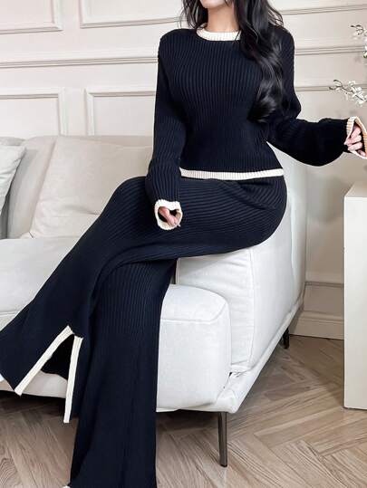 WOMEN CASUAL RIBBED KNIT SWEATER AND PANTS SET